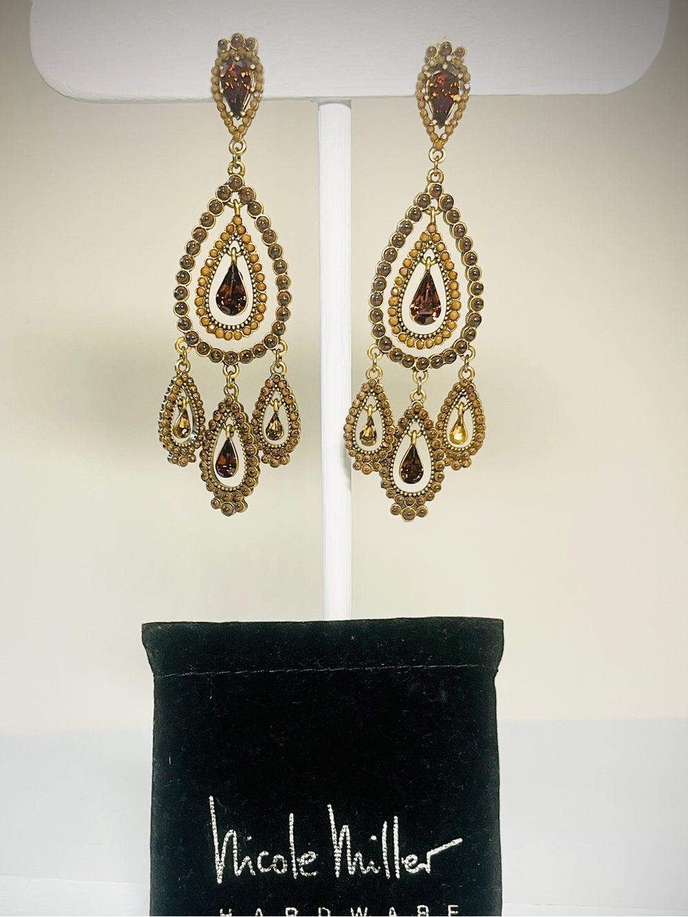 Nicole Miller NYC ~ Bronze & Amber Chandelier Earrings Signed Velour Branded Bag